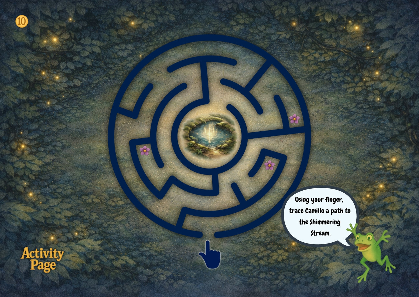 Labyrinth maze on a forest floor with glowing lights and a frog character, labeled 'Activity Page'.