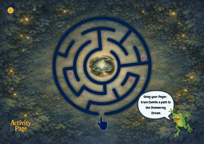 Labyrinth maze on a forest floor with glowing lights and a frog character, labeled 'Activity Page'.