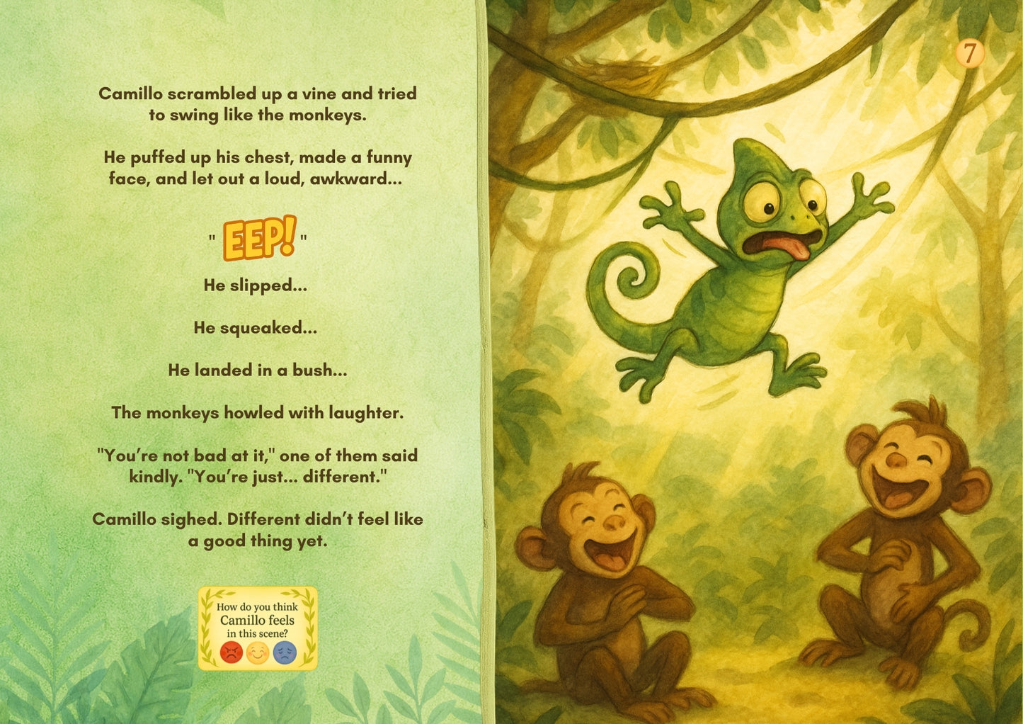 Illustration from a children's book with a green lizard and two monkeys in a jungle setting.