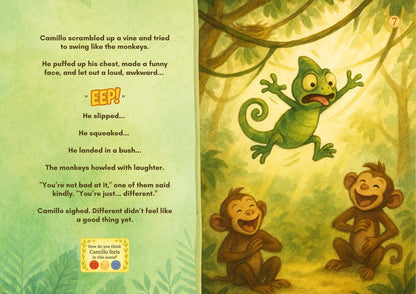 Illustration from a children's book with a green lizard and two monkeys in a jungle setting.